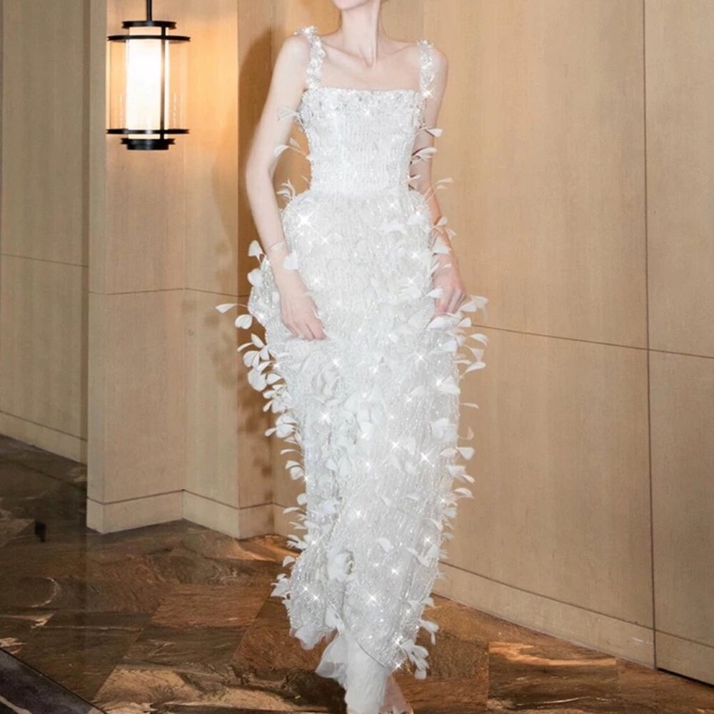 Feather Straps A-Line Maxi Dress - Event/Wedding - Great Quality